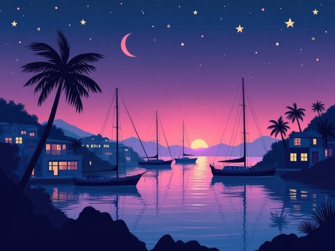 Harbor background at night under purple sky