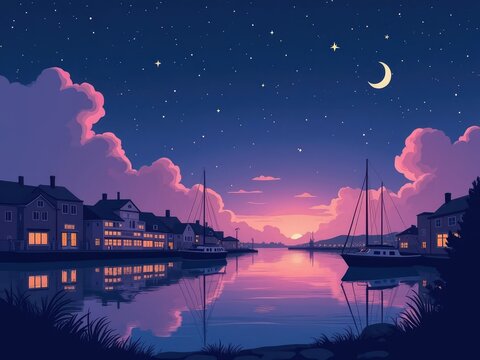 Harbor background at night under purple sky