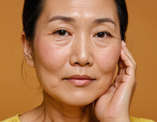 Asian woman in her 50s with noticeable skin blemishes and wrinkles , the lady have her hand on her cheek to emphasize her skin