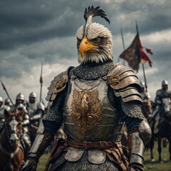 A battle eagle wearing armor in a medieval war scene.