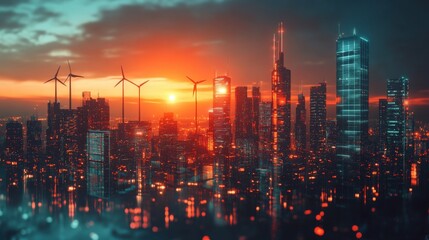 Fototapeta premium A futuristic city skyline at sunset, featuring wind turbines and glowing skyscrapers, creating a vibrant and eco-friendly atmosphere.