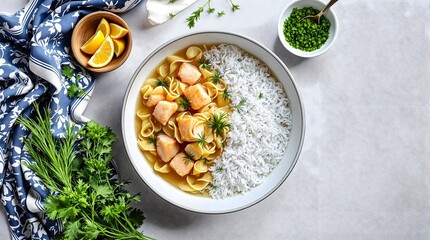 Kespe Balik Noodles in Fish Broth with Fresh Dill and Rice (Turkmenistan Cuisine)