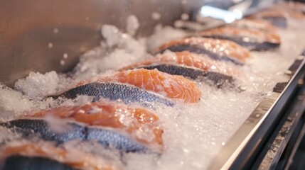 Fresh Salmon Fish in Industrial Freezer Environment