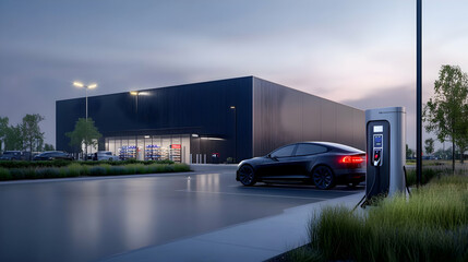 a distribution center with PVs in the back, on the parking lot there is on the side corner a megawatt charger, a vending machine and a small res