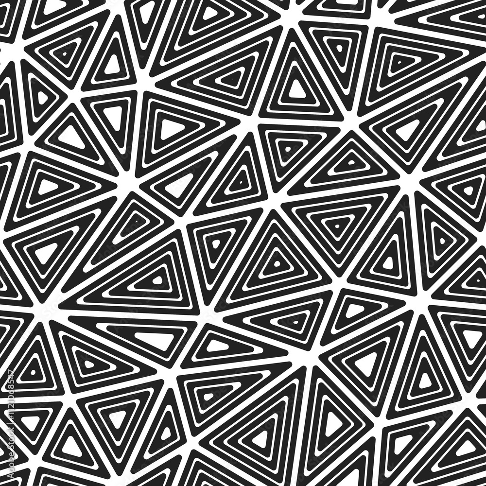 Poster geometric background. multiple repeated inner triangles. large triangles size. black and white style