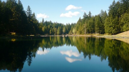 A peaceful lake surrounded by tall pines, with a mirror-like reflection of the sky and trees