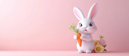 Fototapeta premium Adorable Easter Bunny with Carrot and Flowers