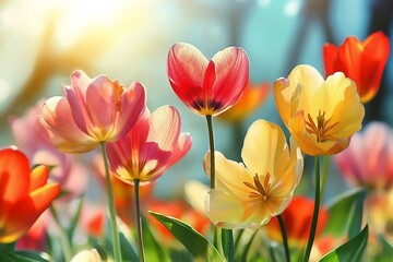 Fototapeta premium bright sunny day in may with tulip field in various colors