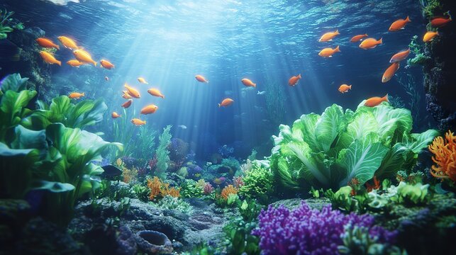 Underwater scene with vibrant coral reef, colorful fish, and lus