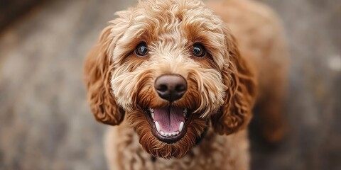A delightful Goldendoodle smiles joyfully at the camera, making it perfect for a meme. This charming Goldendoodle captures attention with its playful expression, ideal for fun and humorous content.