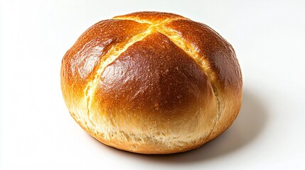 Close up of a hot cross bun with a golden brown crust, isolated on a clean white background with subtle shadows