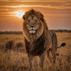 A majestic lion standing on a savannah at sunset, with a golden-orange sky in the background.