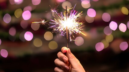 A hand holding a firework, positioned slightly off-center with a glowing star pattern. The background has a soft bokeh effect in soft pinks, purples, and greens, evoking a festive holiday atmosphere. 