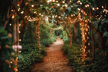 A romantic garden wedding adorned with fairy lights, creating a magical and enchanting atmosphere for the celebration. Lush green forest with fairy lights creating a perfect canopy for a wedding .