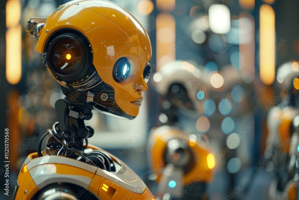 Poster a robot working efficiently in a factory setting, surrounded by machinery and production lines. mach