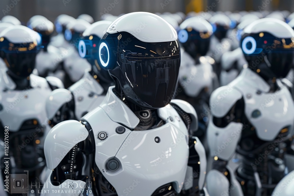 Poster a robot working efficiently in a factory setting, surrounded by machinery and production lines. mach