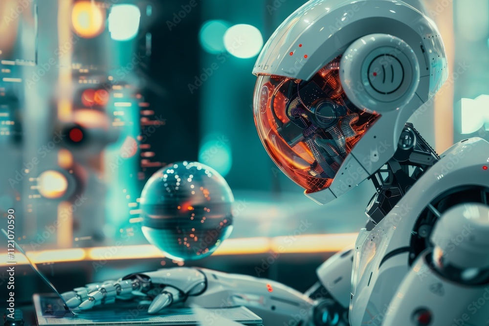 Poster a robot seated in front of a computer, engaged in a task or activity, showcasing technology and inno