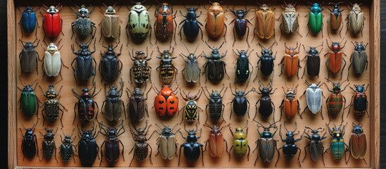 A curated collection of diverse beetle specimens, meticulously arranged in a wooden display case.