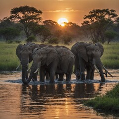 Obraz premium A herd of elephants crossing a calm river at sunrise.