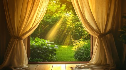 Warm sunlight streaming through a window curtain.