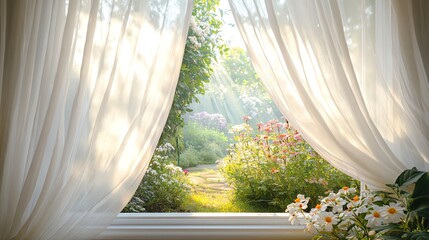 A serene view through a window with curtains.