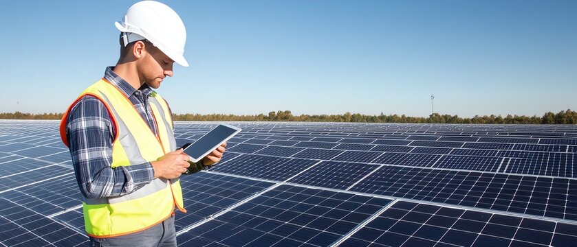 Worker monitors solar panels with tablet device. - Powered by Adobe