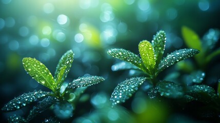 Fresh green leaves adorned with droplets of dew sparkle in the gentle light of morning. Surroundings blend in a soothing blue-green hue, creating a serene and peaceful ambiance