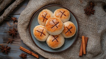 Fototapeta premium Overhead shot of hot cross buns on a ceramic plate, surrounded by decorative cinnamon sticks and star anise on a burlap cloth