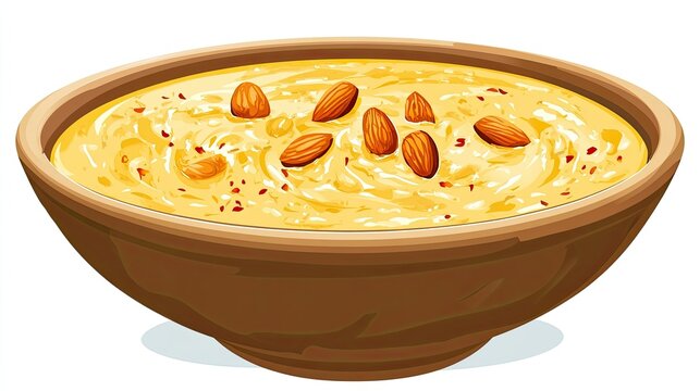 A bowl of sweet kheer garnished with almonds and saffron, isolated on a plain white background. e7