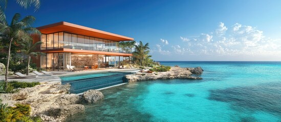 Obraz premium Luxurious beachfront villa with infinity pool overlooking turquoise ocean.
