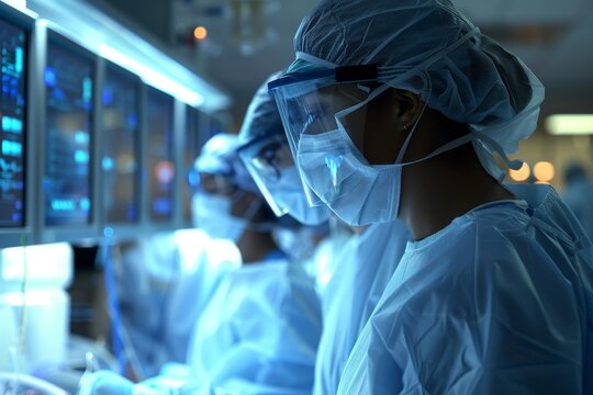 Medical professionals in protective gear collaborate in a sterile operating room, focused on patient care and surgical procedures. Medical professionals using biotech interfaces .