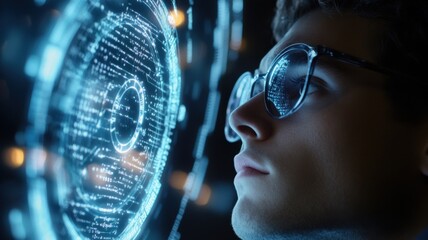 man working computer code, developing software in office digital interfaces with data overlaying her face banner