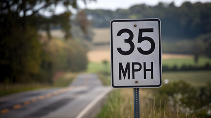 Speed limit sign displaying 35 mph on a rural road, emphasizing the importance of adhering to traffic regulations for safety and compliance.