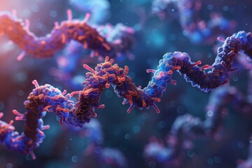 Fototapeta premium Illustration of a DNA-based drug discovery platform being developed by UCLA, showcasing innovative biotechnology research. Microscopic view of chromosomes in the process of replication .
