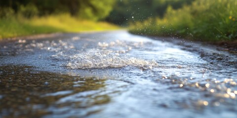 Fototapeta premium Water flows smoothly across the road, creating a natural scene after the rain. This image of flowing water serves as an ideal background for text and captures the essence of nature beautifully.