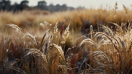 Close-up of dew-covered grass in a golden field, capturing the serene beauty of nature at sunrise