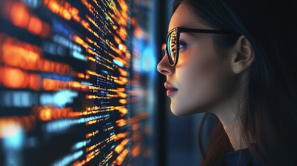 woman working computer code, developing software in office digital interfaces with data overlaying her face banner