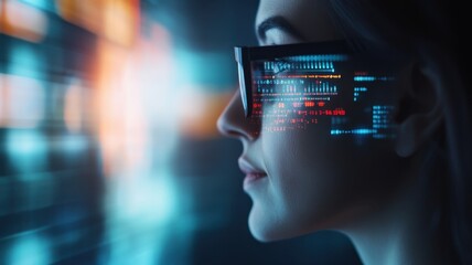 woman working computer code, developing software in office digital interfaces with data overlaying her face banner