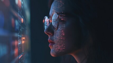 woman working computer code, developing software in office digital interfaces with data overlaying her face banner