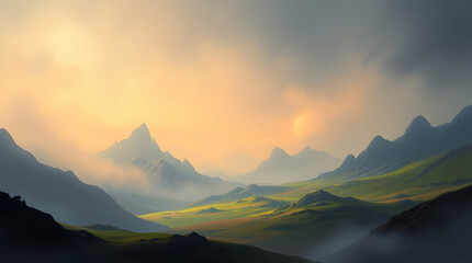 Breathtaking mountain landscape at dawn serene valley nature photography tranquil atmosphere wide view scenic beauty