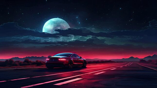 A view of nature with a giant planet in the sky and a car on the road. 4k animated video