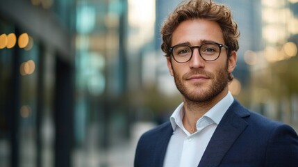 Fototapeta premium Sporting trendy glasses and a tailored suit, the confident business man stands in a bustling downtown area, exuding professionalism and charisma as the sun sets behind