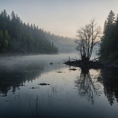 Fototapeta premium A quiet, foggy morning on a calm, reflective lake.