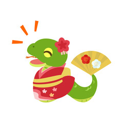 着物を着た喜ぶ蛇。フラットなベクターイラスト。
A happy snake wearing a kimono. Flat vector illustration.
