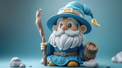 Cute cartoon wizard figurine holding a staff and barrel.