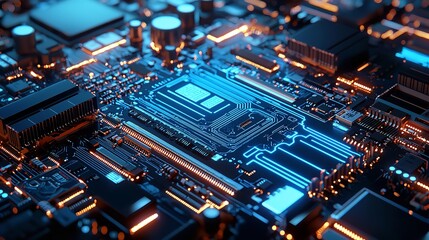 Obraz premium Abstract Digital Circuit Board Background with Glowing Lines and Nodes