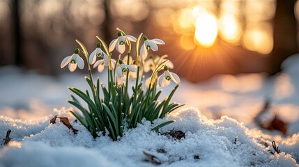 White snowdrop flowers blooming outdoors in snow, symbolizing hope and renewal, as these delicate flowers push through the snowy landscape, representing the beauty of nature in harsh winter conditions