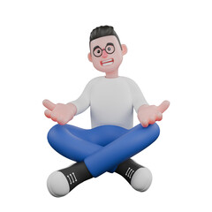 Professional Video Editing 3D Cartoon Model. A male video editor sits cross-legged with his hands on his knees, meditative expression. Professional Model.