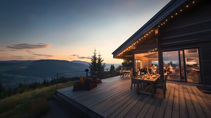 Fototapeta premium Family dinner on a mountaintop deck at sunset.