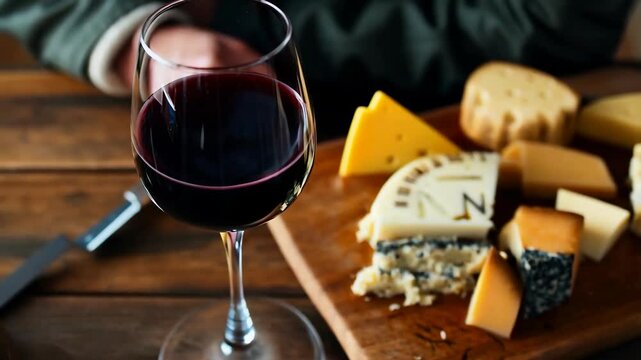Wine and cheese tasting experience with assorted cheeses and red wine on wooden table